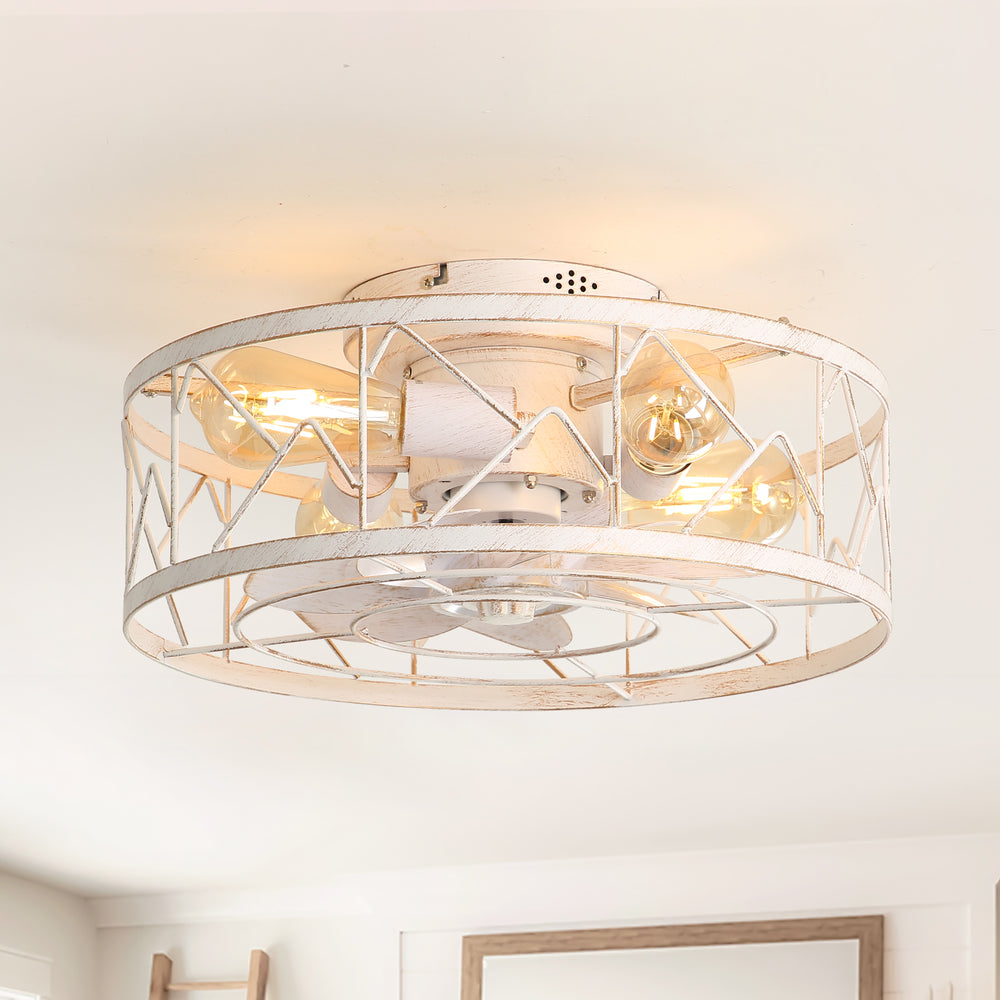 16.5" Caged Ceiling Fans with Lights and Remote, Small Low Profile Ceiling Fan with Light, Farmhouse Flush Mount White Ceiling Fan for Bedroom, Kitchen, Living Room