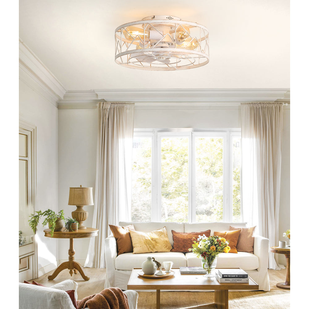 16.5" Caged Ceiling Fans with Lights and Remote, Small Low Profile Ceiling Fan with Light, Farmhouse Flush Mount White Ceiling Fan for Bedroom, Kitchen, Living Room