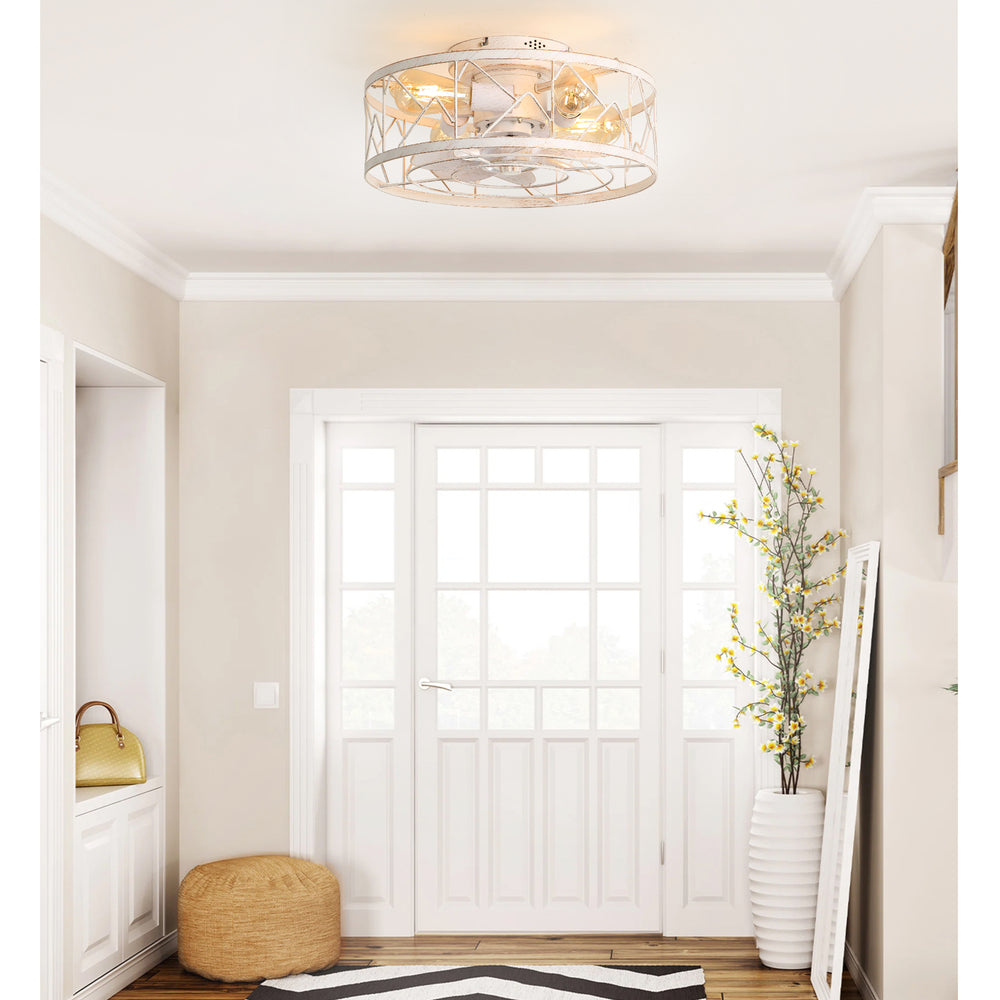 16.5" Caged Ceiling Fans with Lights and Remote, Small Low Profile Ceiling Fan with Light, Farmhouse Flush Mount White Ceiling Fan for Bedroom, Kitchen, Living Room