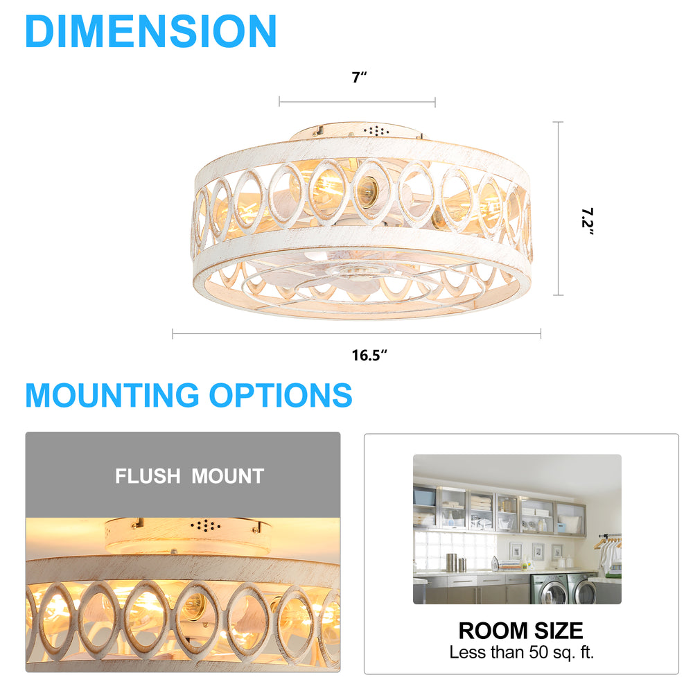 16.5" Caged Ceiling Fans with Lights, Small Low Profile Ceiling Fan with Remote, Flush Mount Chandelier Modern Farmhouse Fandelier for Bedroom, Kitchen, Living Room