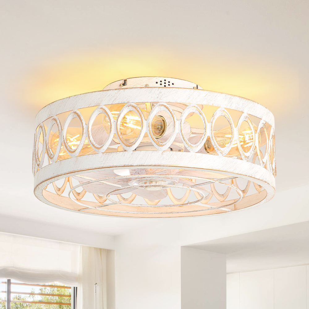 16.5" Caged Ceiling Fans with Lights, Small Low Profile Ceiling Fan with Remote, Flush Mount Chandelier Modern Farmhouse Fandelier for Bedroom, Kitchen, Living Room