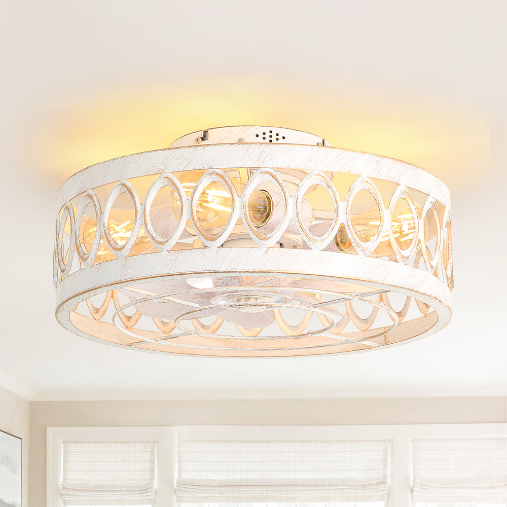 16.5" Caged Ceiling Fans with Lights, Small Low Profile Ceiling Fan with Remote, Flush Mount Chandelier Modern Farmhouse Fandelier for Bedroom, Kitchen, Living Room