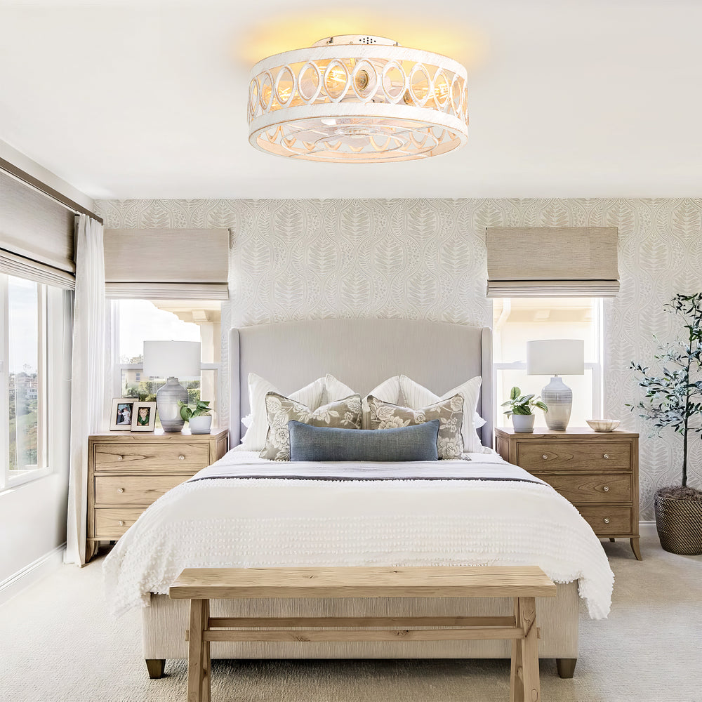 16.5" Caged Ceiling Fans with Lights, Small Low Profile Ceiling Fan with Remote, Flush Mount Chandelier Modern Farmhouse Fandelier for Bedroom, Kitchen, Living Room
