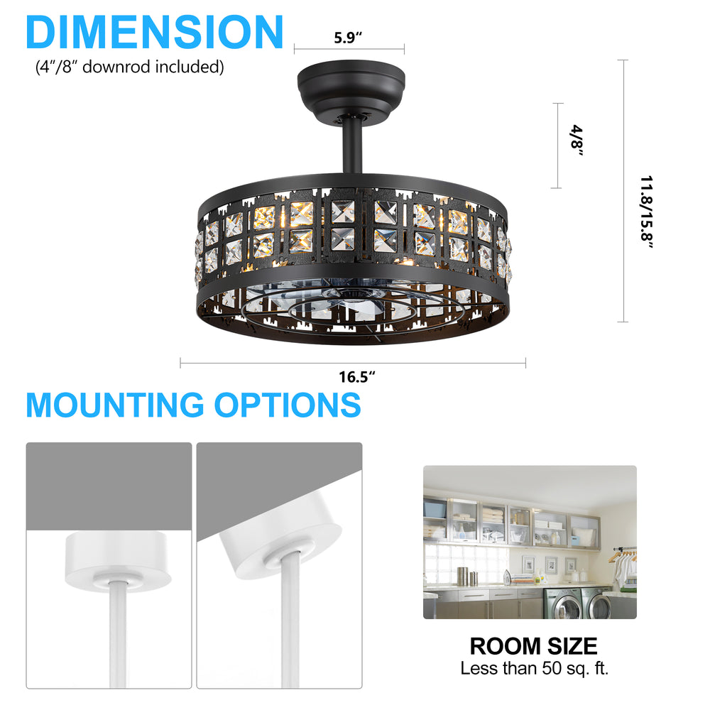 16.5" Caged Ceiling Fans with Lights, Farmhouse Outdoor Ceiling Fan with Remote Control, Small Low Profile Fandelier Chandelier Fan for Bedroom, Kitchen, Living Room