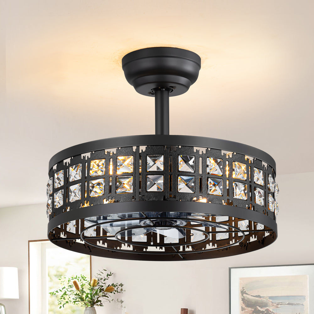 16.5" Caged Ceiling Fans with Lights, Farmhouse Outdoor Ceiling Fan with Remote Control, Small Low Profile Fandelier Chandelier Fan for Bedroom, Kitchen, Living Room