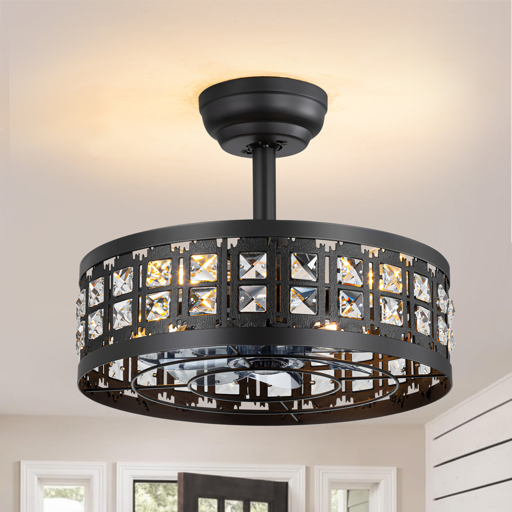 16.5" Caged Ceiling Fans with Lights, Farmhouse Outdoor Ceiling Fan with Remote Control, Small Low Profile Fandelier Chandelier Fan for Bedroom, Kitchen, Living Room