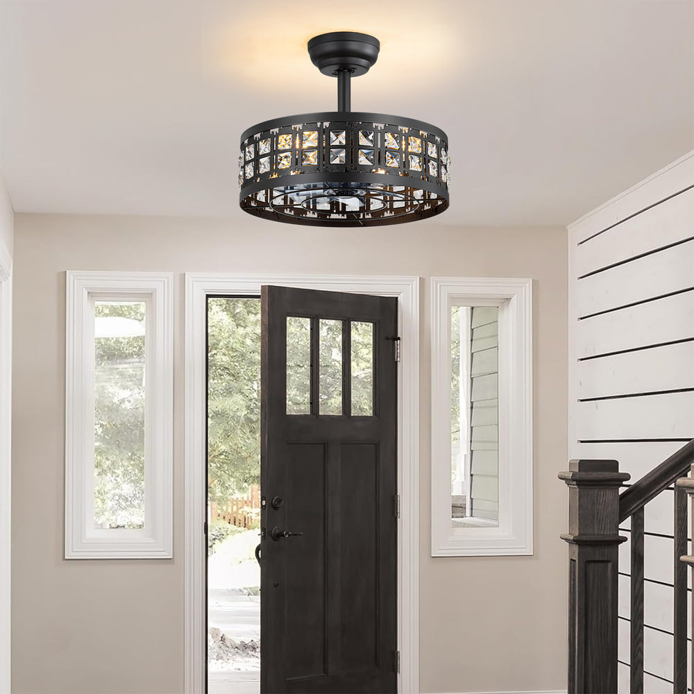 16.5" Caged Ceiling Fans with Lights, Farmhouse Outdoor Ceiling Fan with Remote Control, Small Low Profile Fandelier Chandelier Fan for Bedroom, Kitchen, Living Room