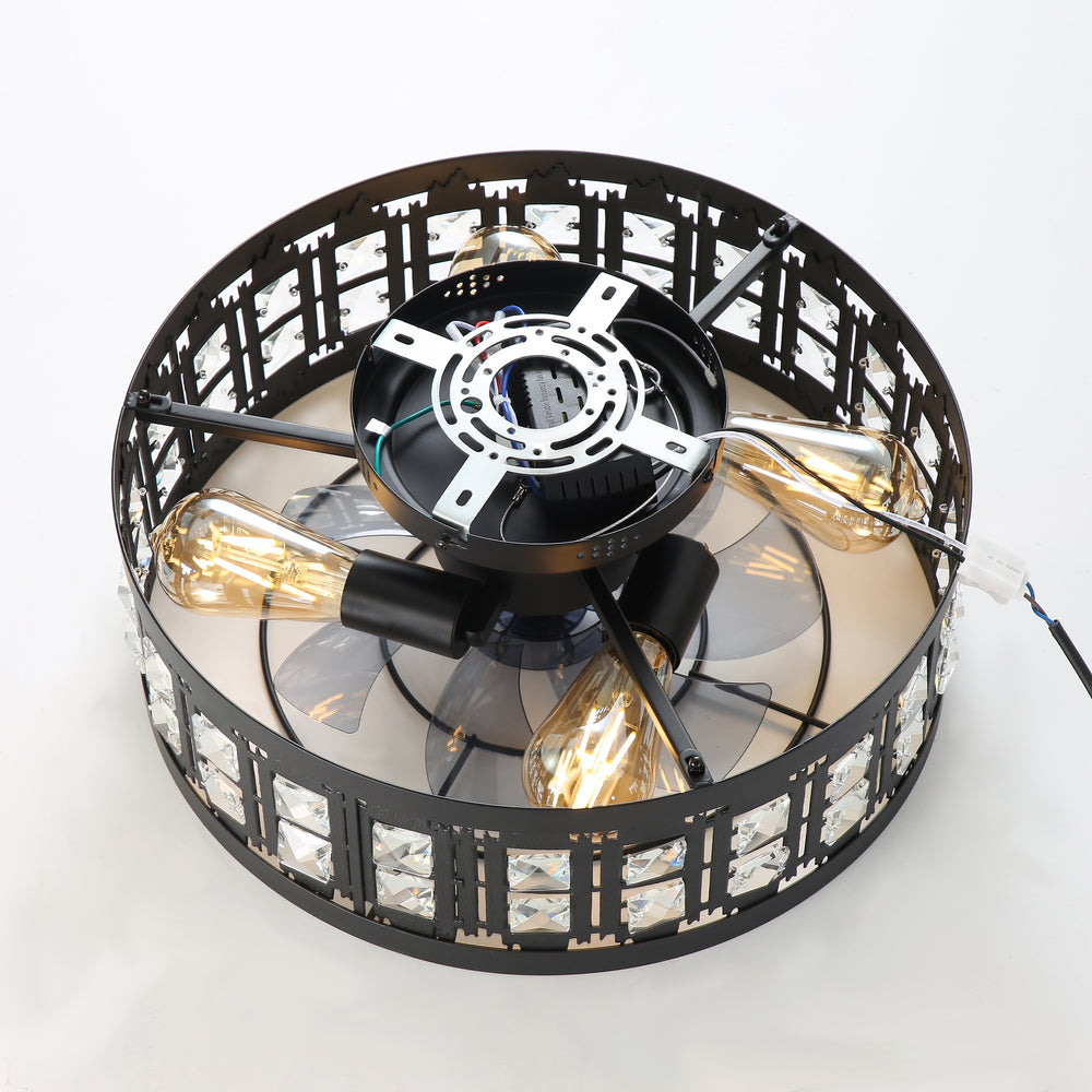 Caged Ceiling Fans with Lights, 16.5" Black Industrial Ceiling Fan with Remote, Small Low Profile Farmhouse Fandelier Chandelier Fan for Bedroom, Kitchen, Living Room