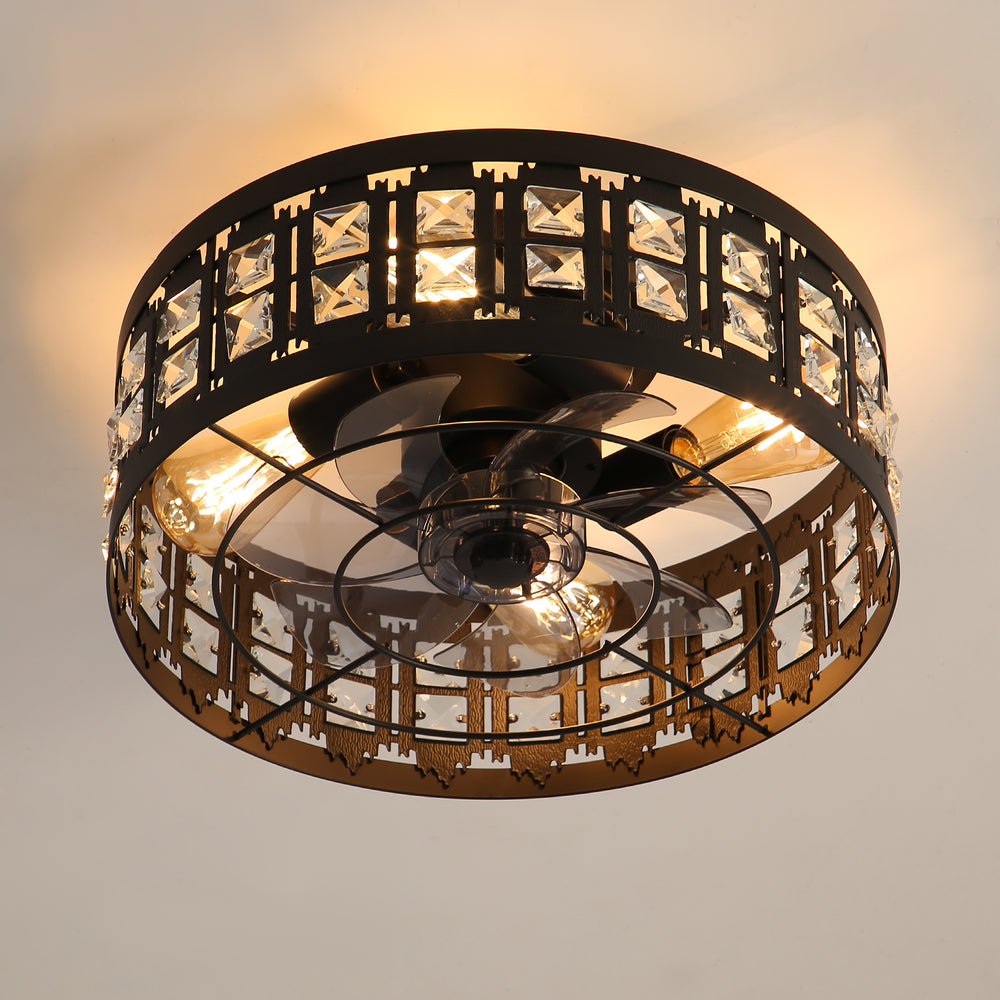 Caged Ceiling Fans with Lights, 16.5" Black Industrial Ceiling Fan with Remote, Small Low Profile Farmhouse Fandelier Chandelier Fan for Bedroom, Kitchen, Living Room