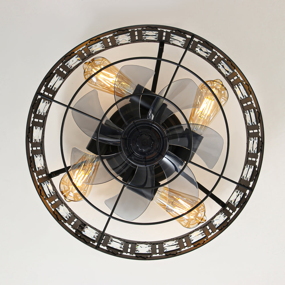 Caged Ceiling Fans with Lights, 16.5" Black Industrial Ceiling Fan with Remote, Small Low Profile Farmhouse Fandelier Chandelier Fan for Bedroom, Kitchen, Living Room