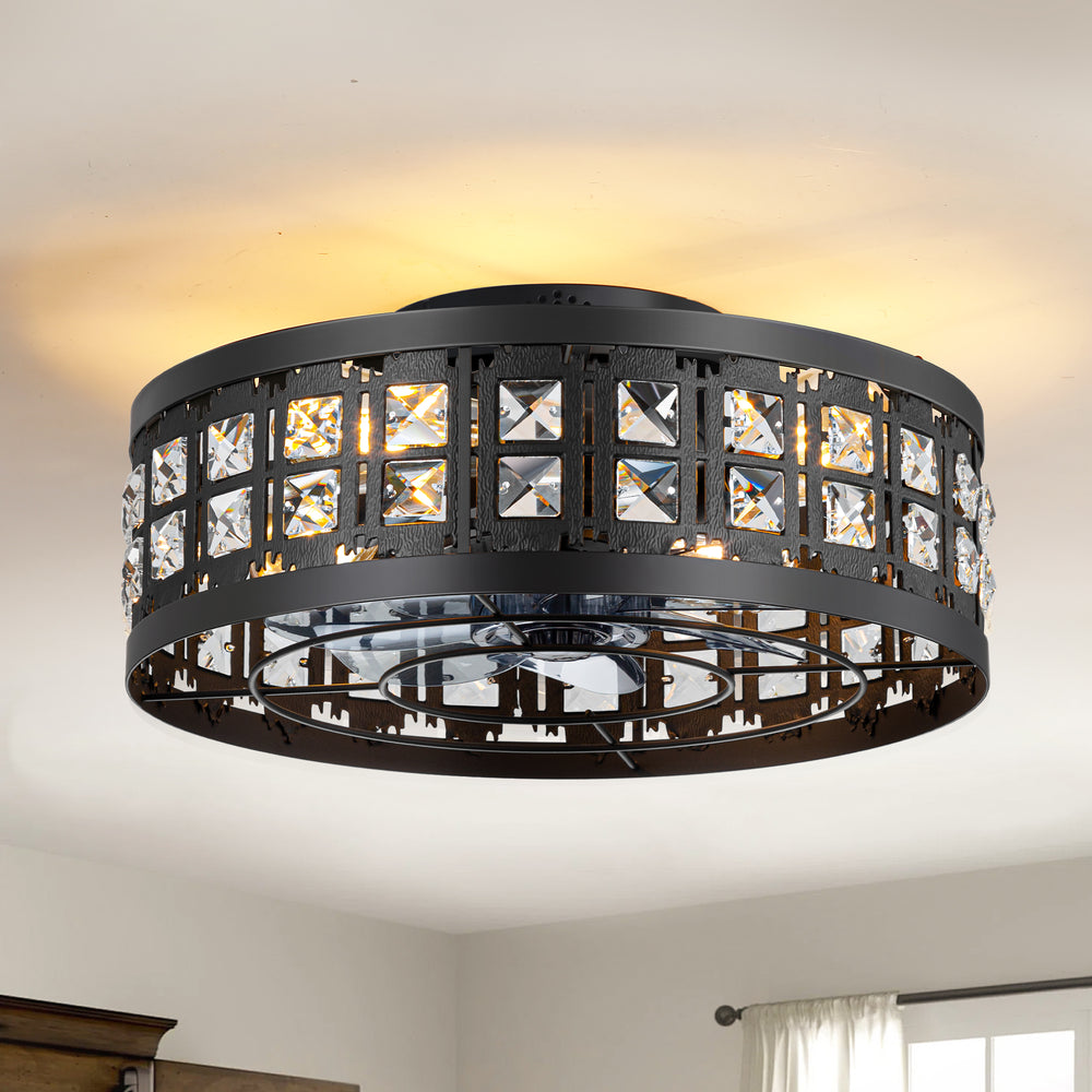 Caged Ceiling Fans with Lights, 16.5" Black Industrial Ceiling Fan with Remote, Small Low Profile Farmhouse Fandelier Chandelier Fan for Bedroom, Kitchen, Living Room