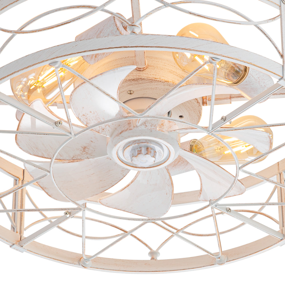 20-in Distressed White Flush Mount Caged Ceiling Fan with Light Remote(7-Blade)