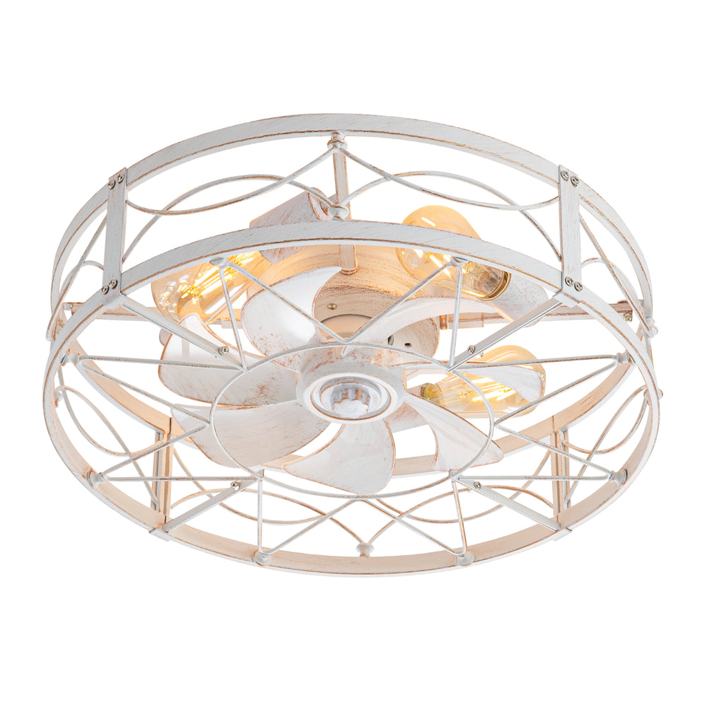20-in Distressed White Flush Mount Caged Ceiling Fan with Light Remote(7-Blade)