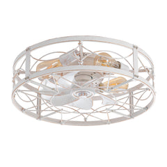 20in  Distressed White Flush Mount Caged Ceiling Fan with Light Remote(7-Blade)