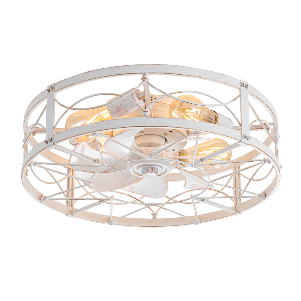 20-in Distressed White Flush Mount Caged Ceiling Fan with Light Remote(7-Blade)