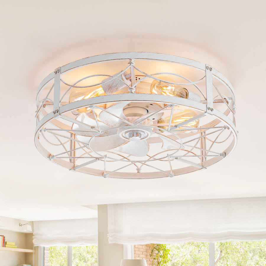 20-in Distressed White Flush Mount Caged Ceiling Fan with Light Remote(7-Blade)