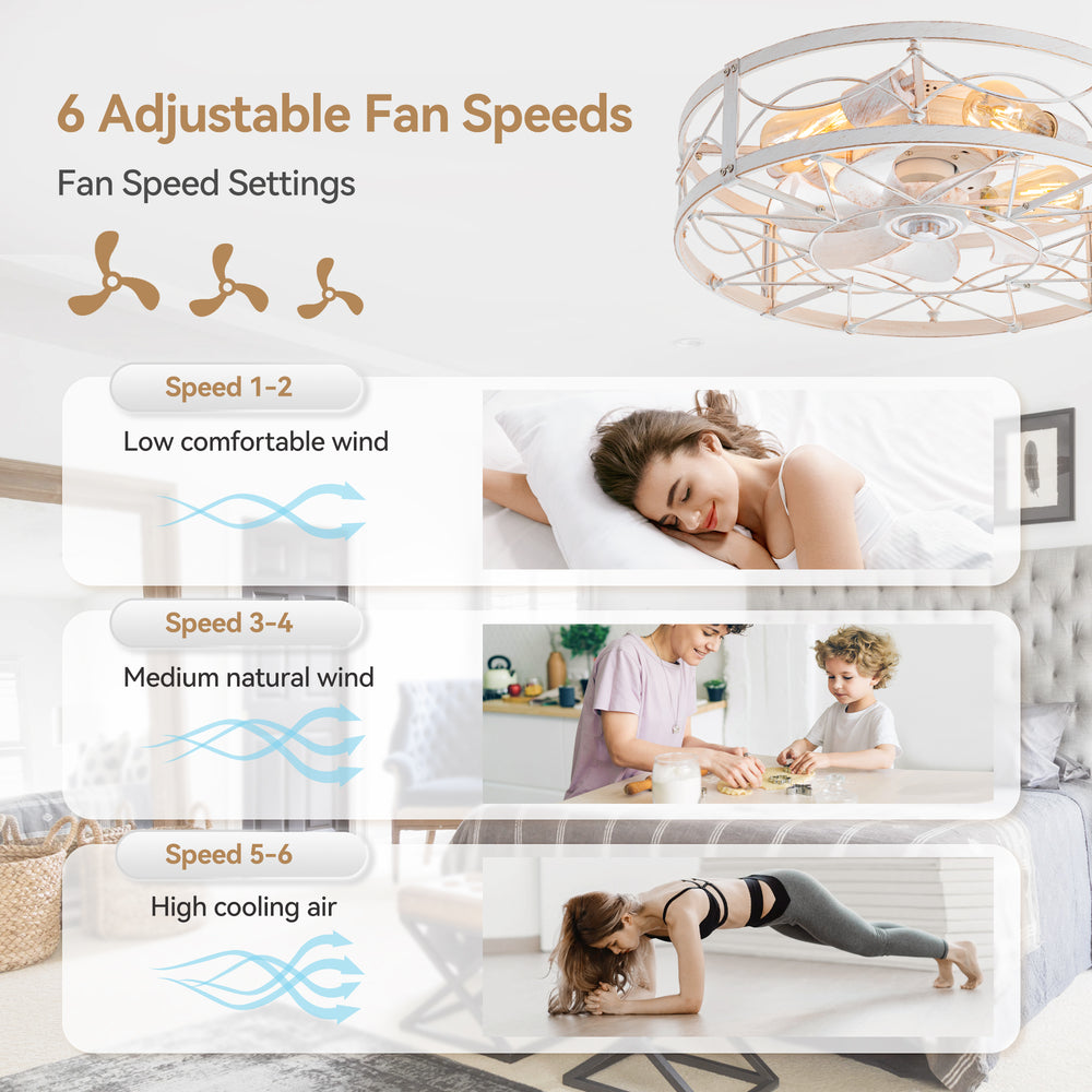 20-in Distressed White Flush Mount Caged Ceiling Fan with Light Remote(7-Blade)