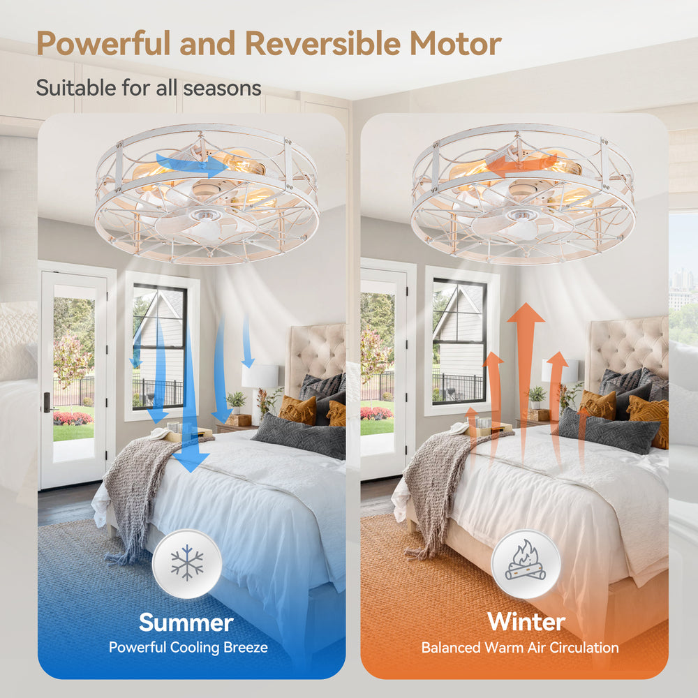 20-in Distressed White Flush Mount Caged Ceiling Fan with Light Remote(7-Blade)