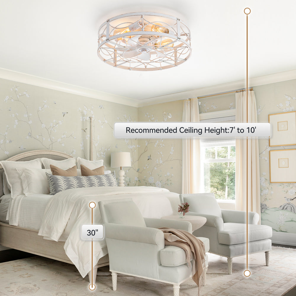 20-in Distressed White Flush Mount Caged Ceiling Fan with Light Remote(7-Blade)