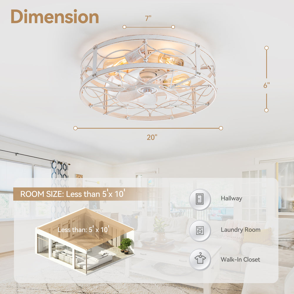 20-in Distressed White Flush Mount Caged Ceiling Fan with Light Remote(7-Blade)