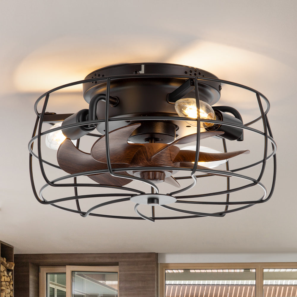 12.5-in Industrial Flush Mount Small Caged Ceiling Fan with Remote Light(7-Blade)