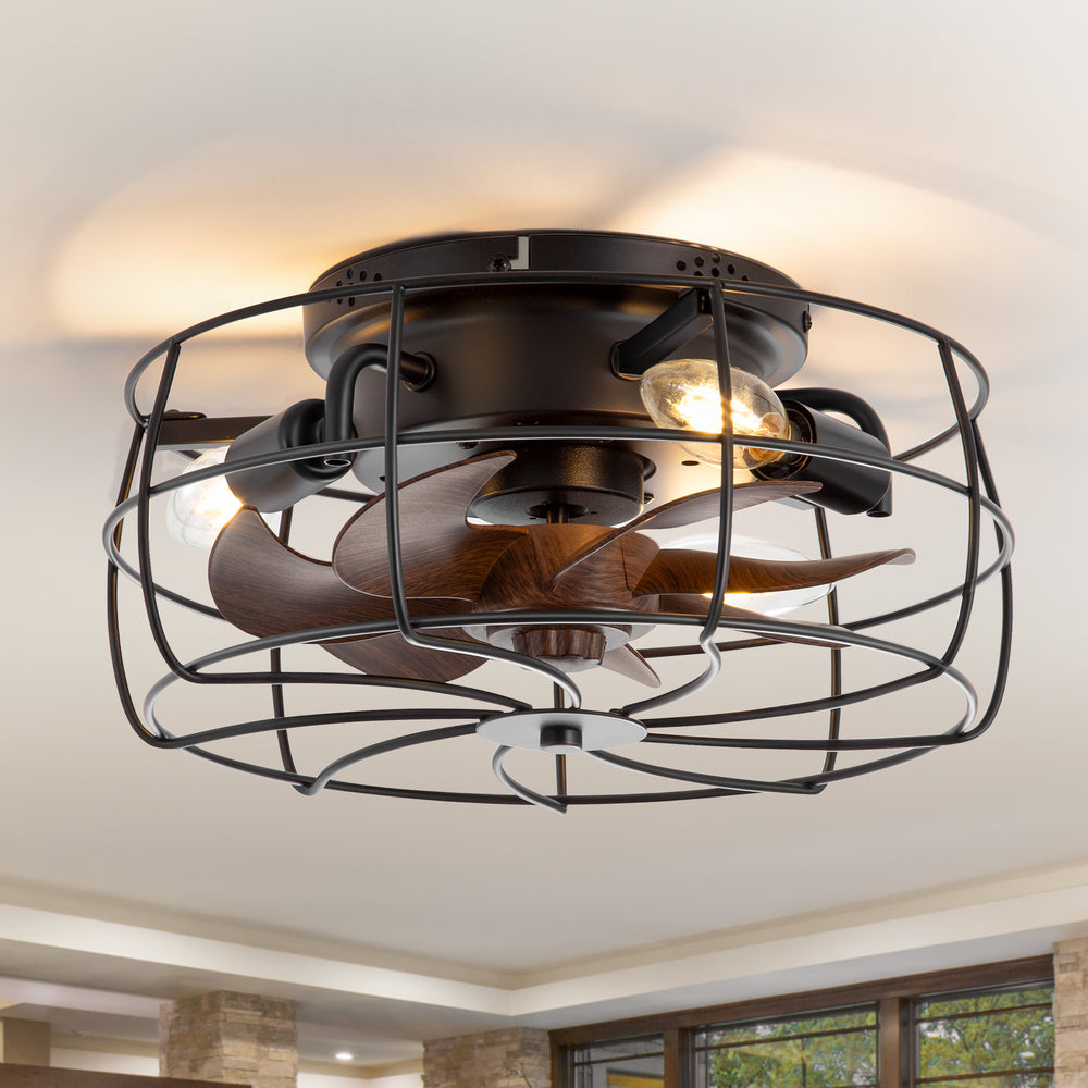 12.5-in Industrial Flush Mount Small Caged Ceiling Fan with Remote Light(7-Blade)
