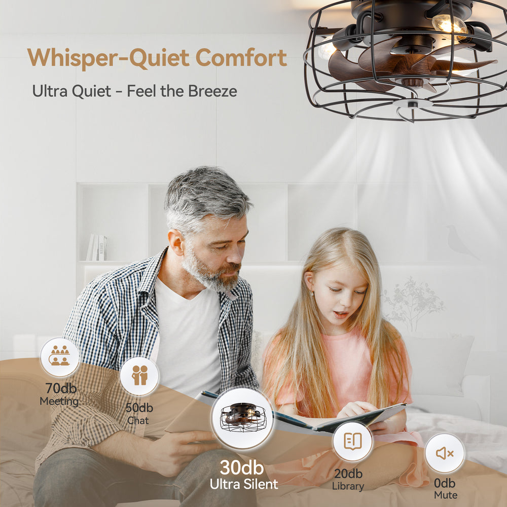 12.5-in Industrial Flush Mount Small Caged Ceiling Fan with Remote Light(7-Blade)