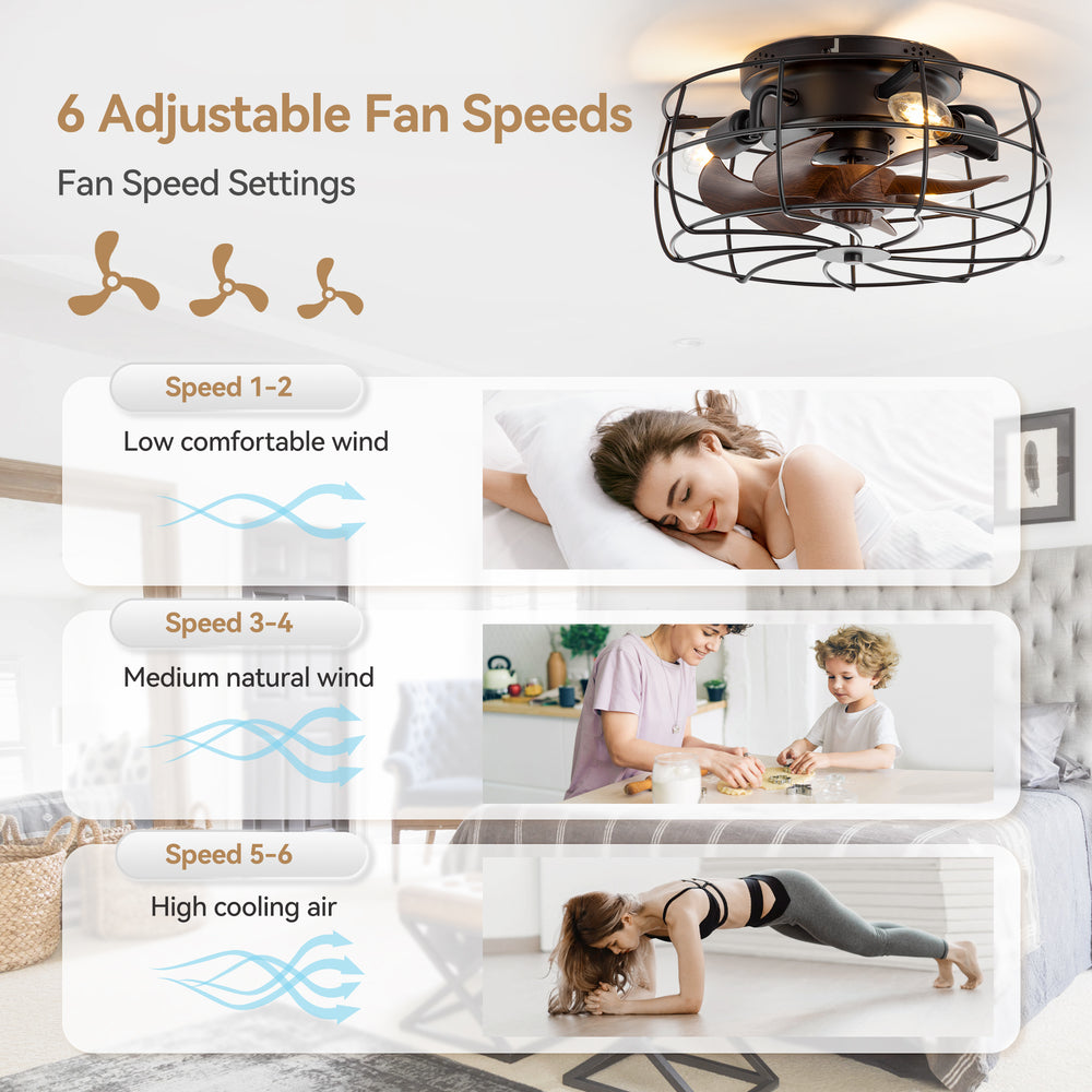 12.5-in Industrial Flush Mount Small Caged Ceiling Fan with Remote Light(7-Blade)