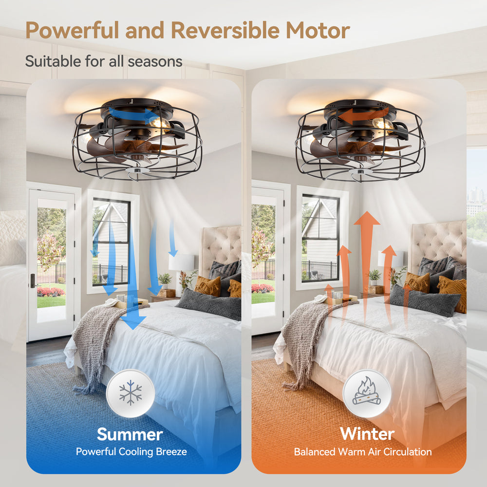12.5-in Industrial Flush Mount Small Caged Ceiling Fan with Remote Light(7-Blade)