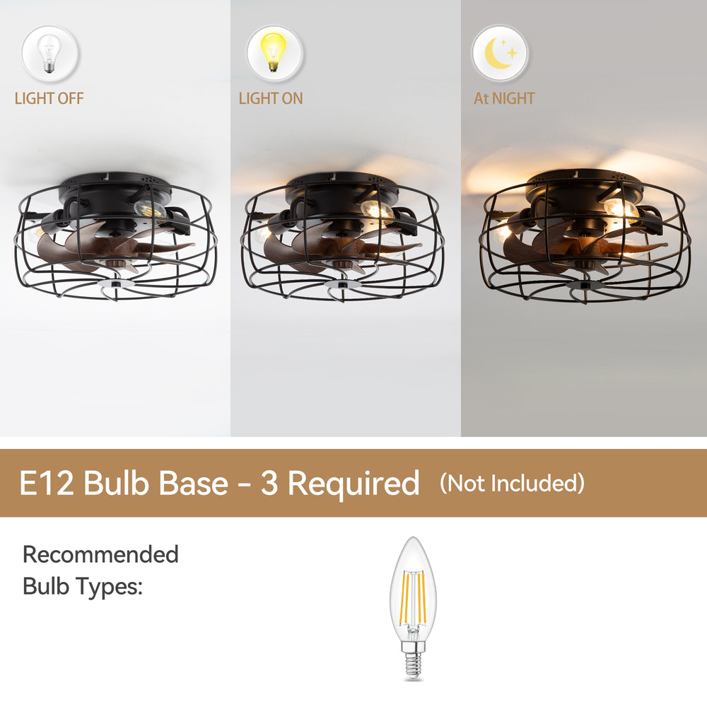 12.5-in Industrial Flush Mount Small Caged Ceiling Fan with Remote Light(7-Blade)