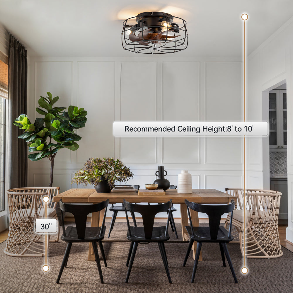 12.5-in Industrial Flush Mount Small Caged Ceiling Fan with Remote Light(7-Blade)