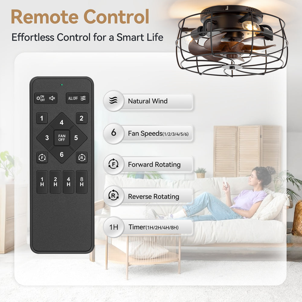 12.5-in Industrial Flush Mount Small Caged Ceiling Fan with Remote Light(7-Blade)