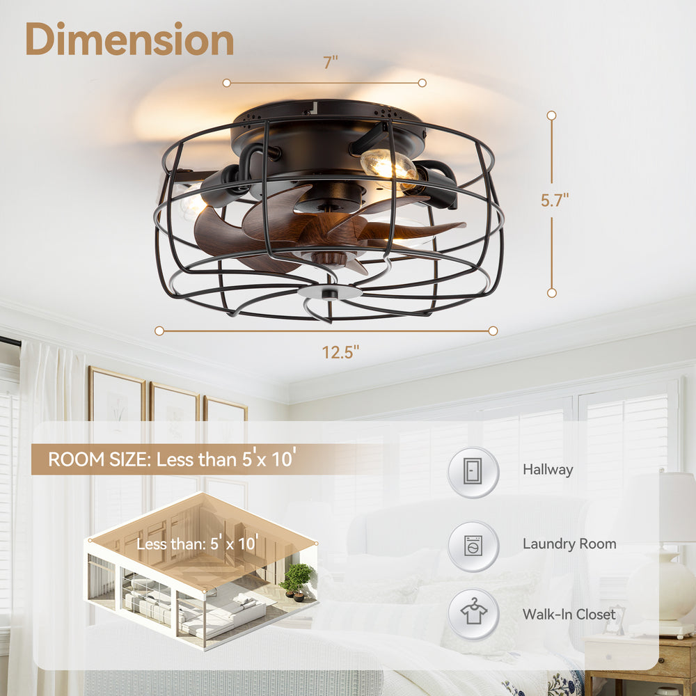 12.5-in Industrial Flush Mount Small Caged Ceiling Fan with Remote Light(7-Blade)