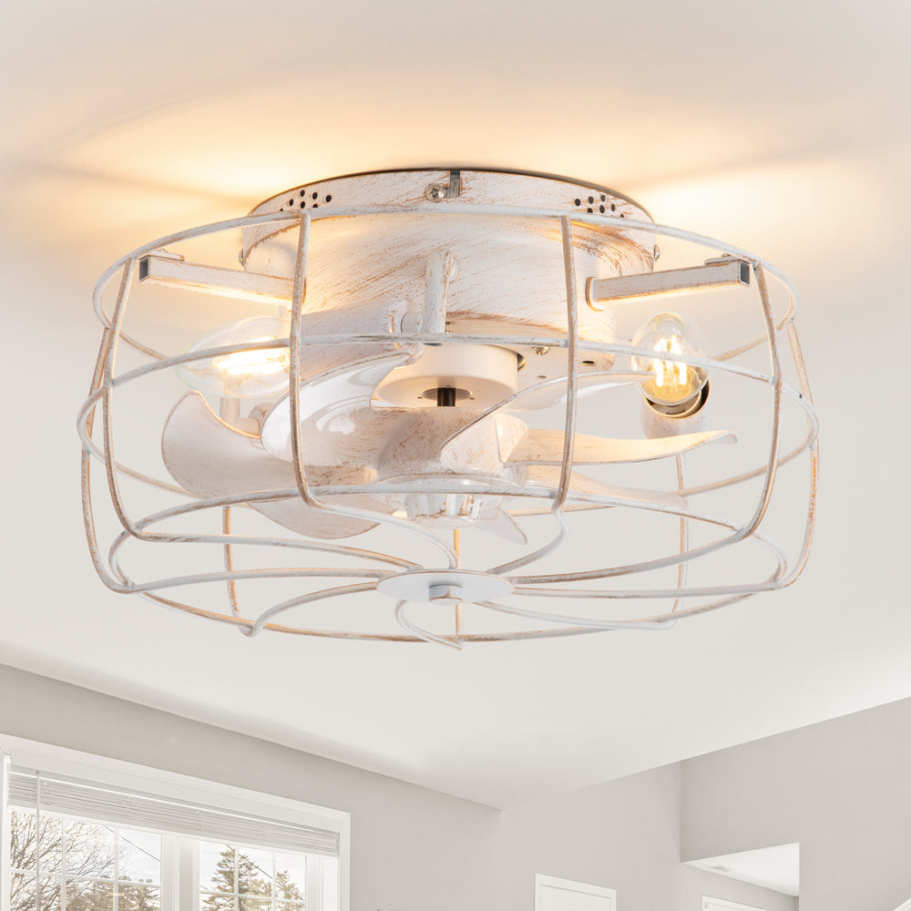 12.5-in Industrial Flush Mount Small Caged Ceiling Fan with Remote Light(7-Blade)