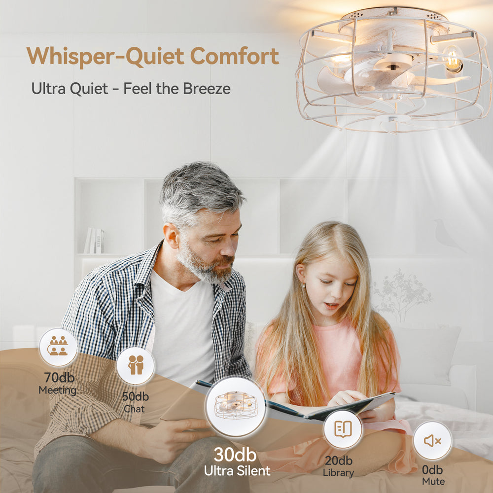 12.5-in Industrial Flush Mount Small Caged Ceiling Fan with Remote Light(7-Blade)