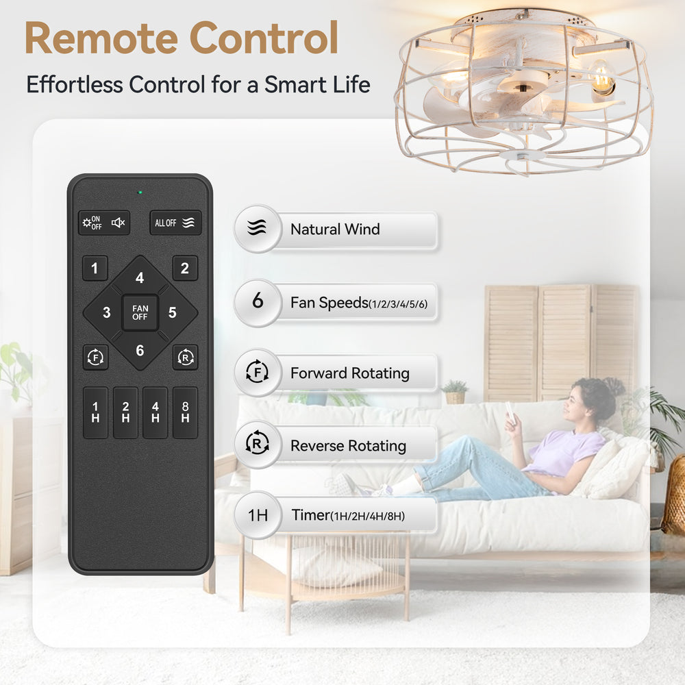 12.5-in Industrial Flush Mount Small Caged Ceiling Fan with Remote Light(7-Blade)