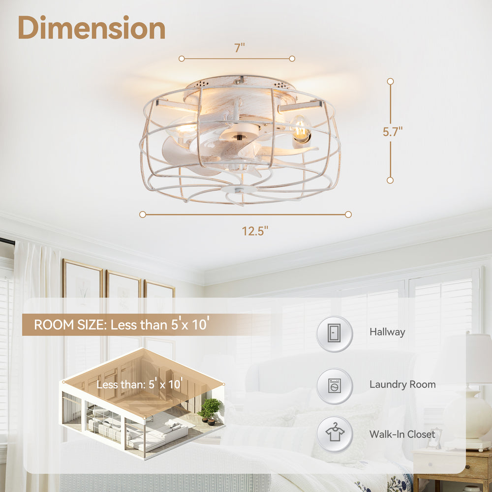 12.5-in Industrial Flush Mount Small Caged Ceiling Fan with Remote Light(7-Blade)