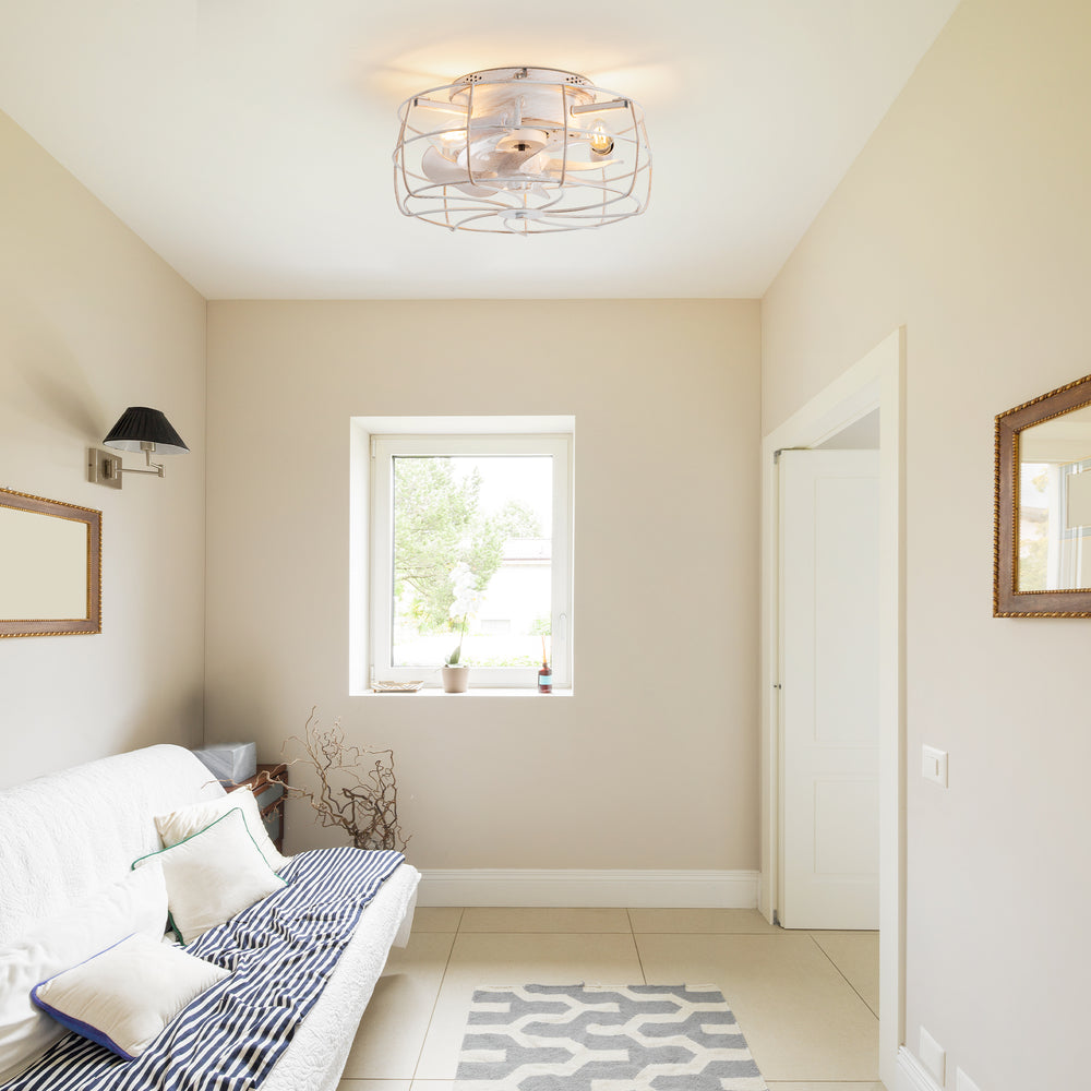 12.5-in Industrial Flush Mount Small Caged Ceiling Fan with Remote Light(7-Blade)