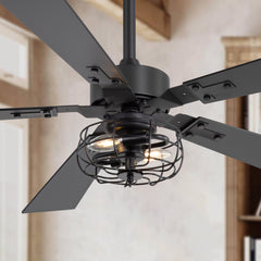 48in Matte Black Industrial 5-Blade Ceiling Fan with Light and Remote