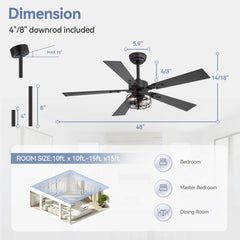 48in Matte Black Industrial 5-Blade Ceiling Fan with Light and Remote