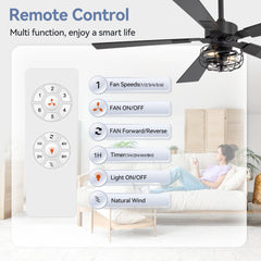 48-in Matte Black Industrial 5 Reversible Blades Ceiling Fan with Light and Remote,4in and 8in Downrod Included