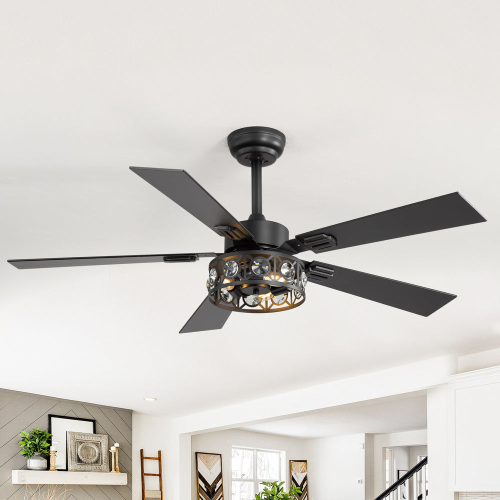 48-inch Wood 5-Blade Crystal Fandelier Ceiling Fan with Remote and Light,4in and 8in Downrods Included