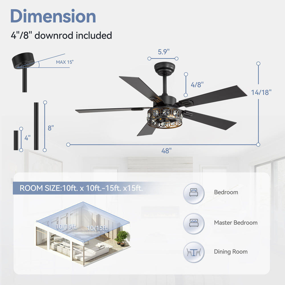 48-inch Wood 5-Blade Crystal Fandelier Ceiling Fan with Remote and Light,4in and 8in Downrods Included