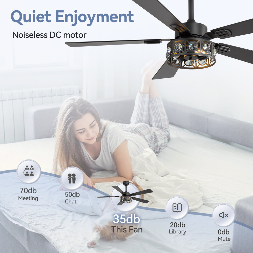 48-inch Wood 5-Blade Crystal Fandelier Ceiling Fan with Remote and Light,4in and 8in Downrods Included