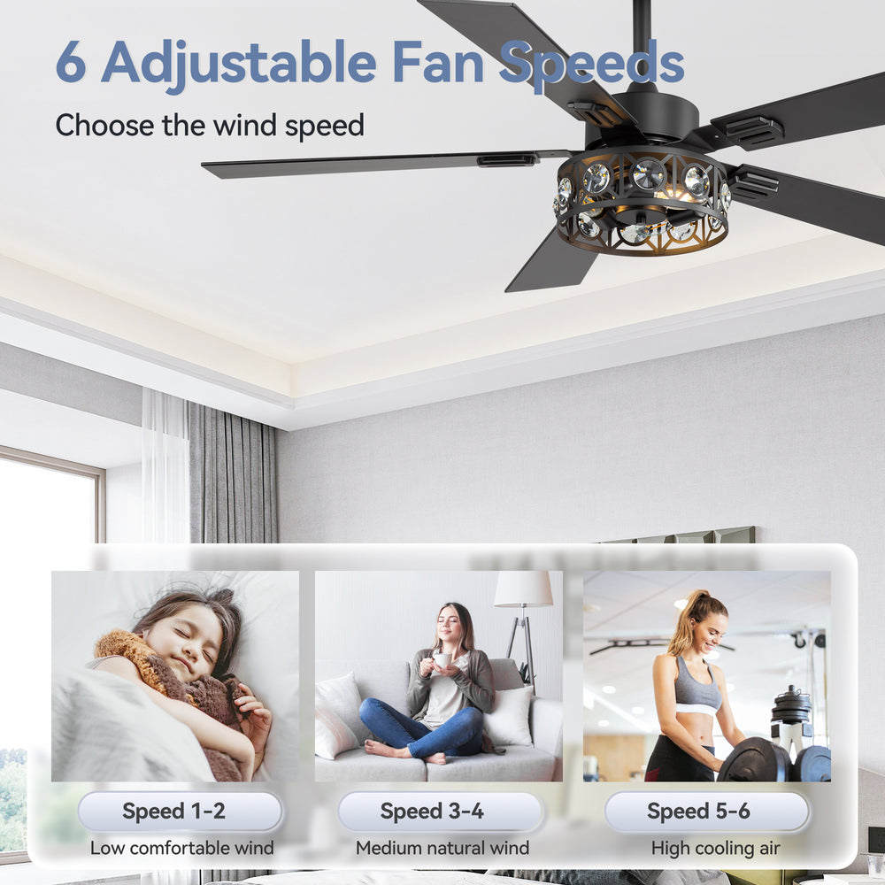 48-inch Wood 5-Blade Crystal Fandelier Ceiling Fan with Remote and Light,4in and 8in Downrods Included