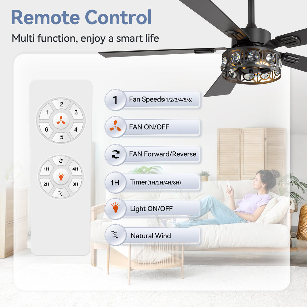 48-inch Wood 5-Blade Crystal Fandelier Ceiling Fan with Remote and Light,4in and 8in Downrods Included