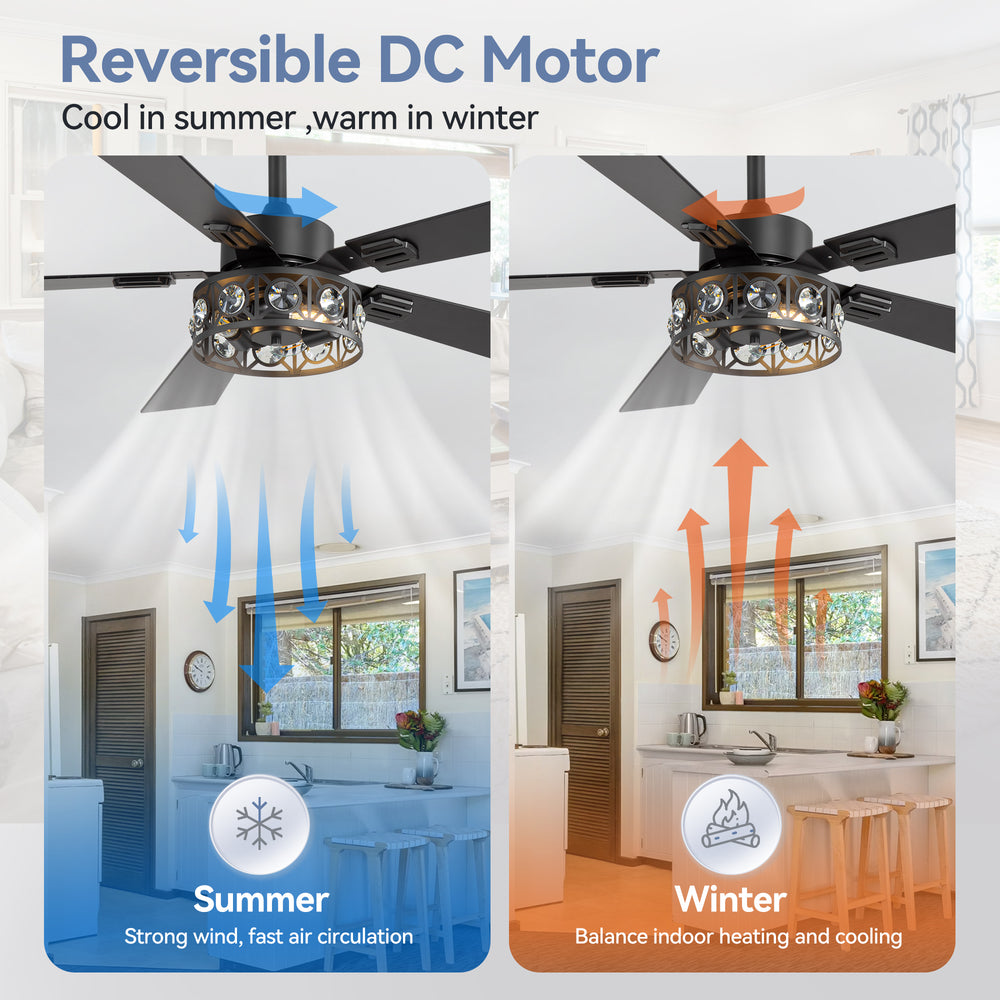 48-inch Wood 5-Blade Crystal Fandelier Ceiling Fan with Remote and Light,4in and 8in Downrods Included