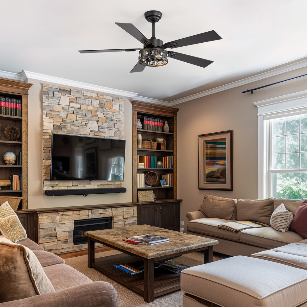 48-inch Wood 5-Blade Crystal Fandelier Ceiling Fan with Remote and Light,4in and 8in Downrods Included