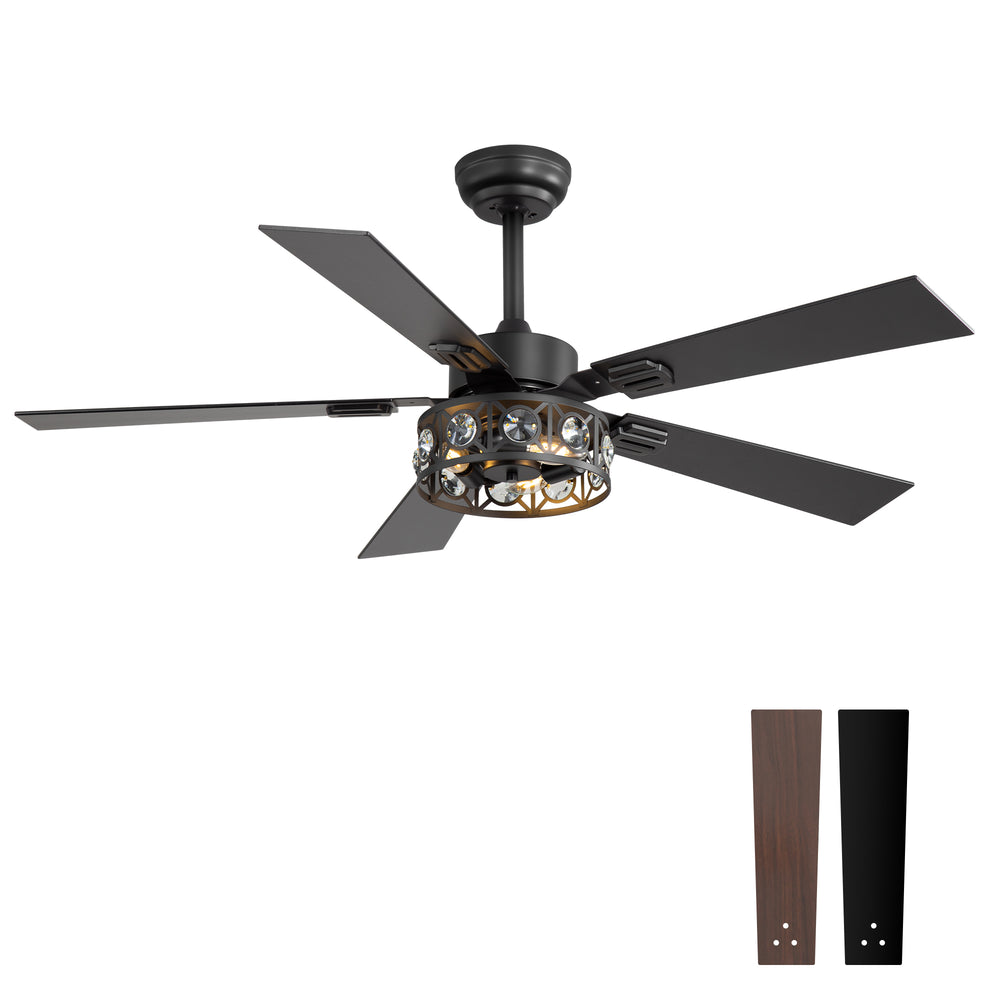 48-inch Wood 5-Blade Crystal Fandelier Ceiling Fan with Remote and Light,4in and 8in Downrods Included