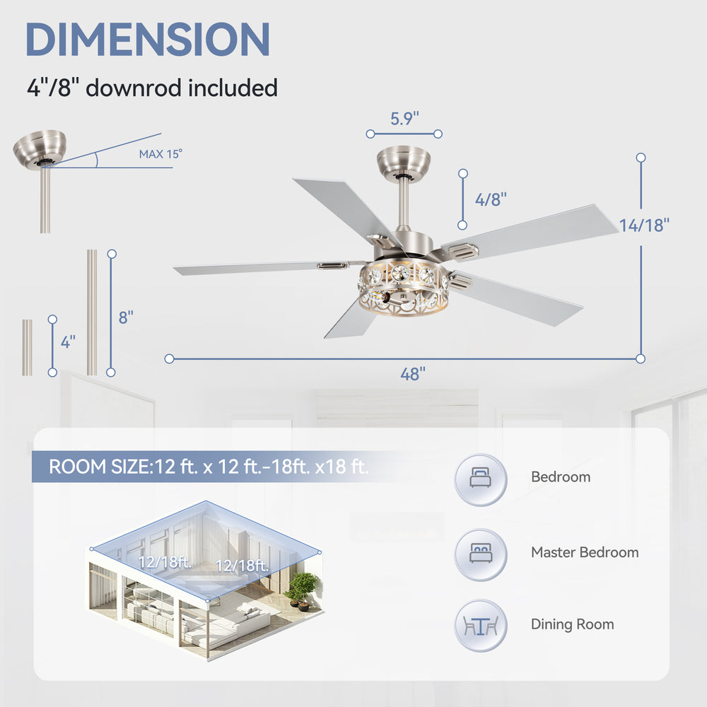 48-inch Wood 5-Blade Crystal Fandelier Ceiling Fan with Remote and Light,4in and 8in Downrods Included